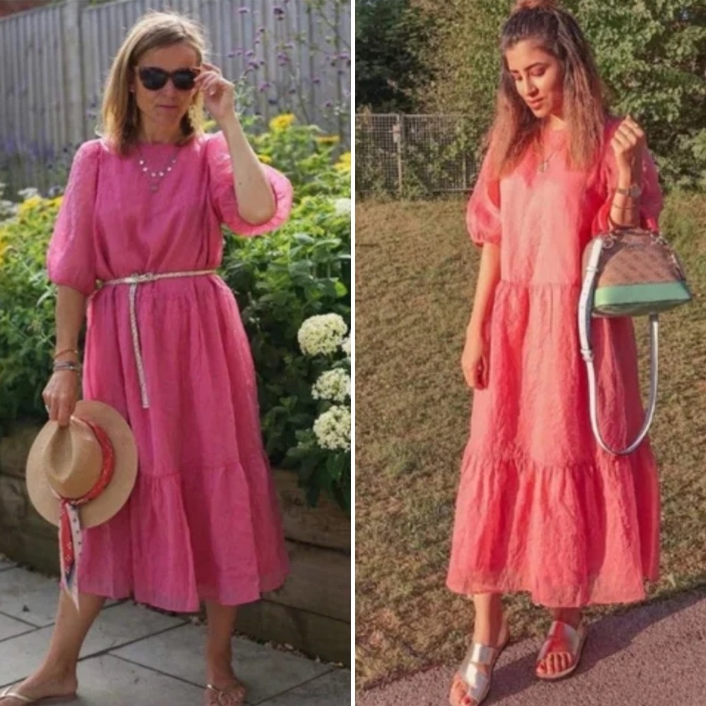 H&M Puff Sleeve Crinkle‎ Pink Tiered Relaxed Dress Size Small